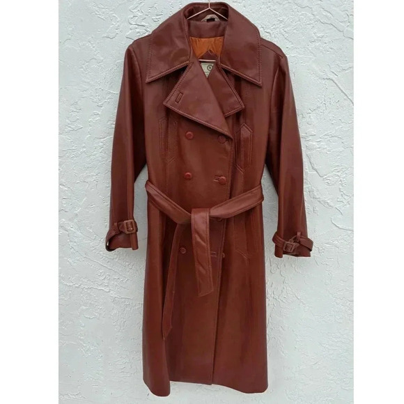 PR Womens Vintage Faux Leather Boho Style Long Coat Rust Size 13/14 - Picture 1 of 16
